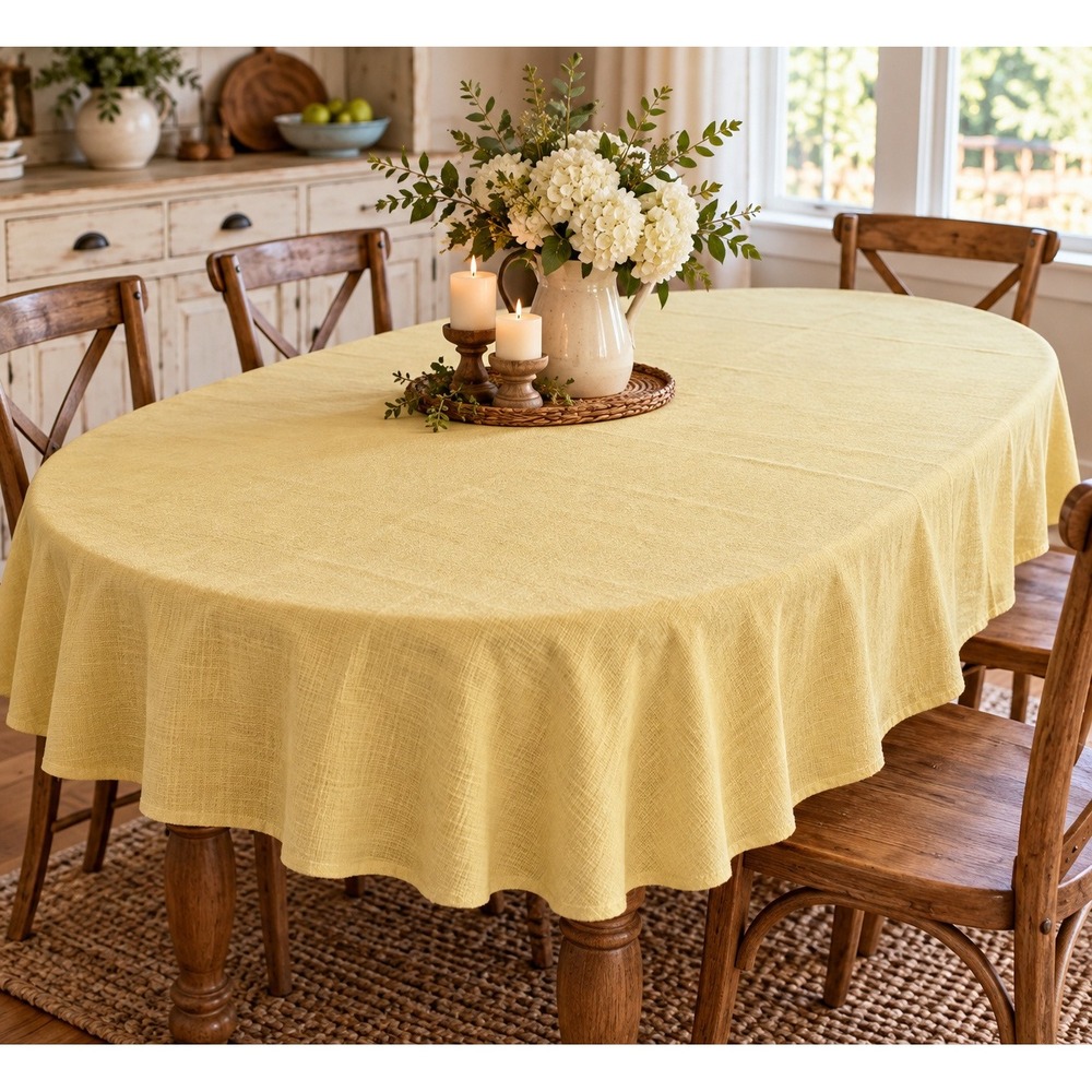 Vintage 1960s Woven Oval Tablecloth Mustard Yellow Textured Mid Century 84x54